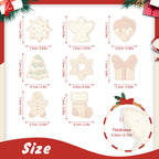 Measurement chart of Christmas-themed cookies with dimensions and thickness details.