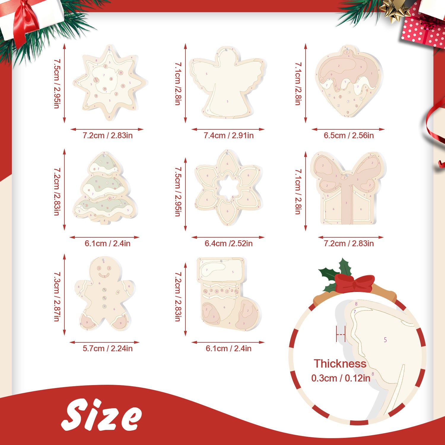 Tableau de mesure des biscuits sur le thème de Noël avec détails sur les dimensions et l'épaisseur.