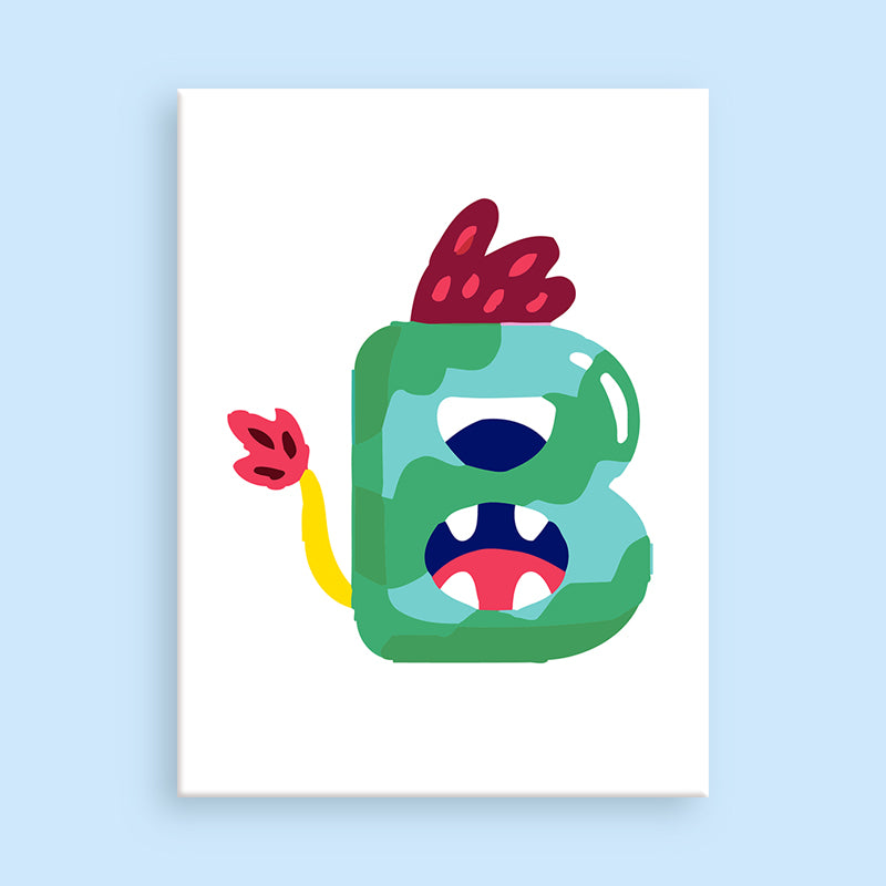 Colorful abstract design with a green shape and red flowers on a light blue background