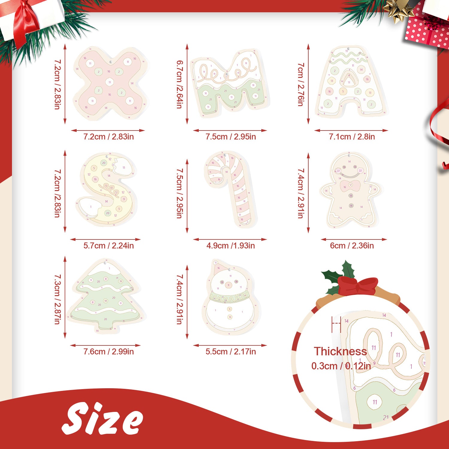 Measurement chart of Christmas-themed cutouts with dimensions on a white background.