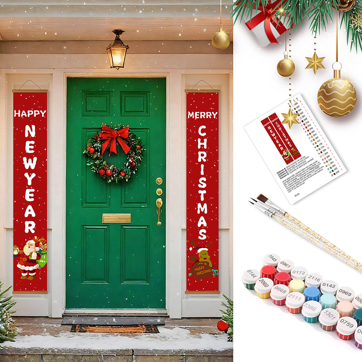 Christmas decorations including banners, a wreath, and paint supplies on a door.