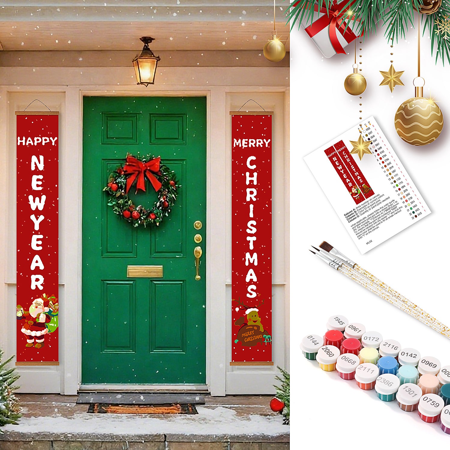 Christmas decorations including banners, a wreath, and paint supplies on a door.
