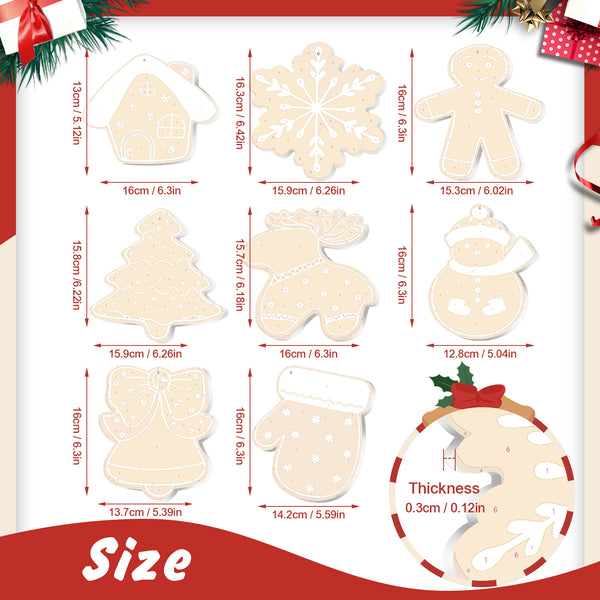 Measurement chart of Christmas-themed cookie cutters with dimensions and thickness.
