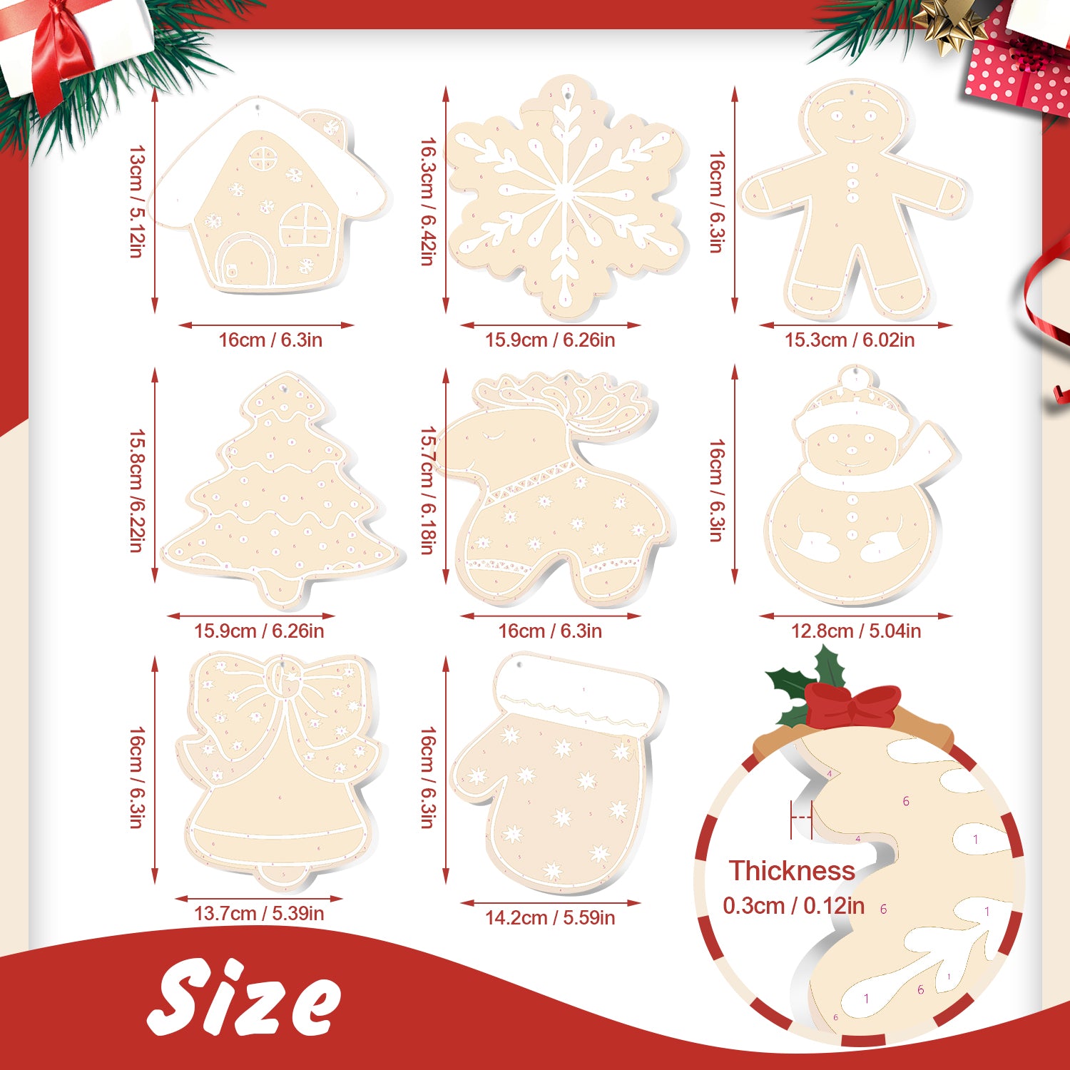 Measurement chart of Christmas-themed cookie cutters with dimensions and thickness.