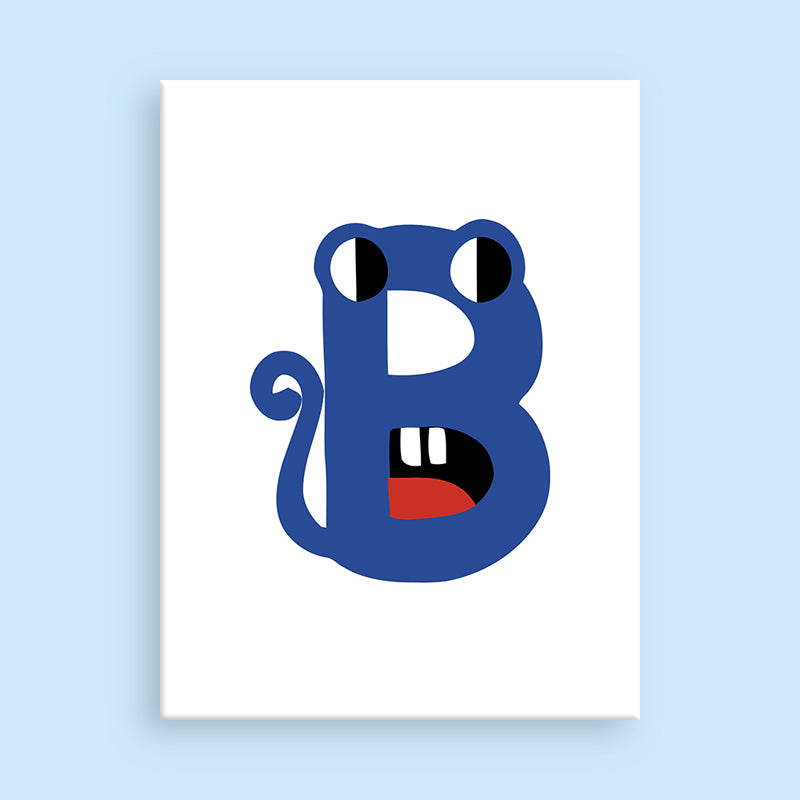 Blue letter 'B' with a face on a white background