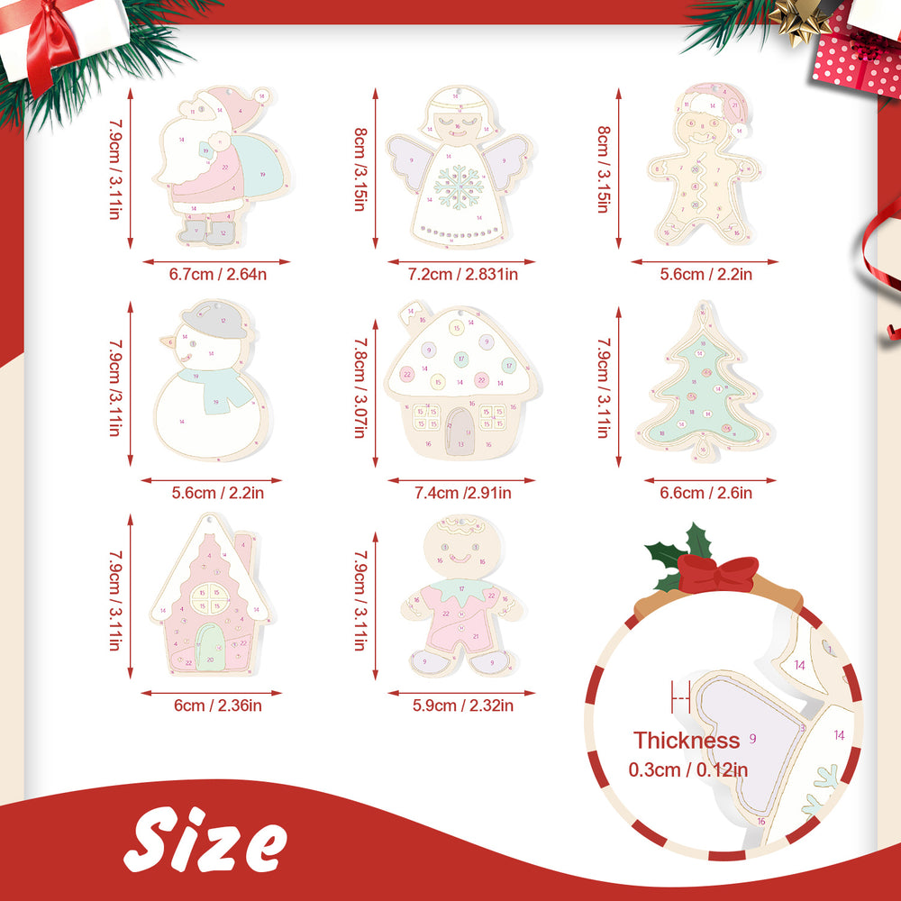Measurement chart of Christmas-themed cutouts with dimensions on a white background.