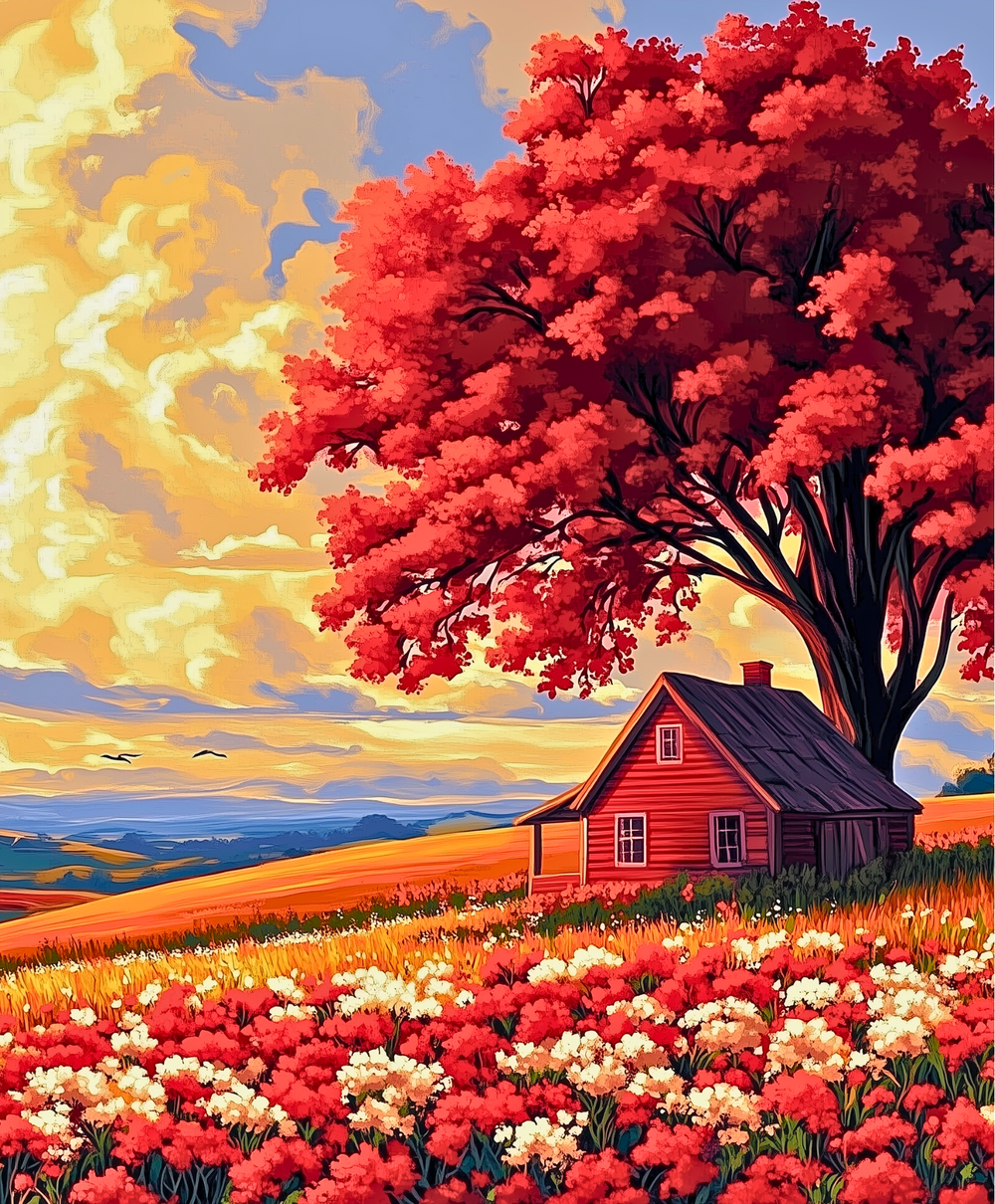 A paint-by-numbers kit depicting a cozy cabin with a red roof under a vibrant autumn tree, set against a sunset sky with clouds.