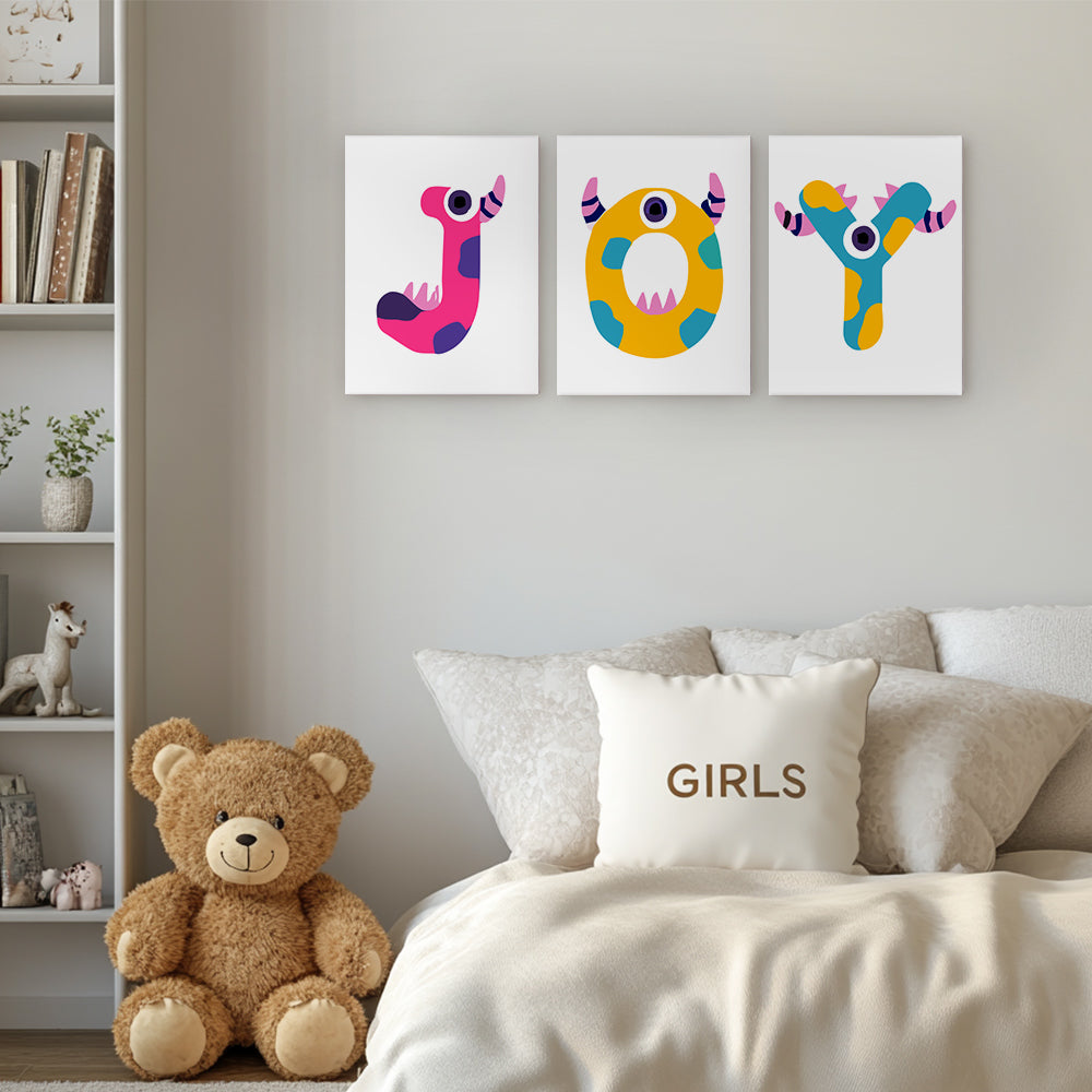 Children's room with colorful wall art, teddy bear, and 'GIRLS' pillow.