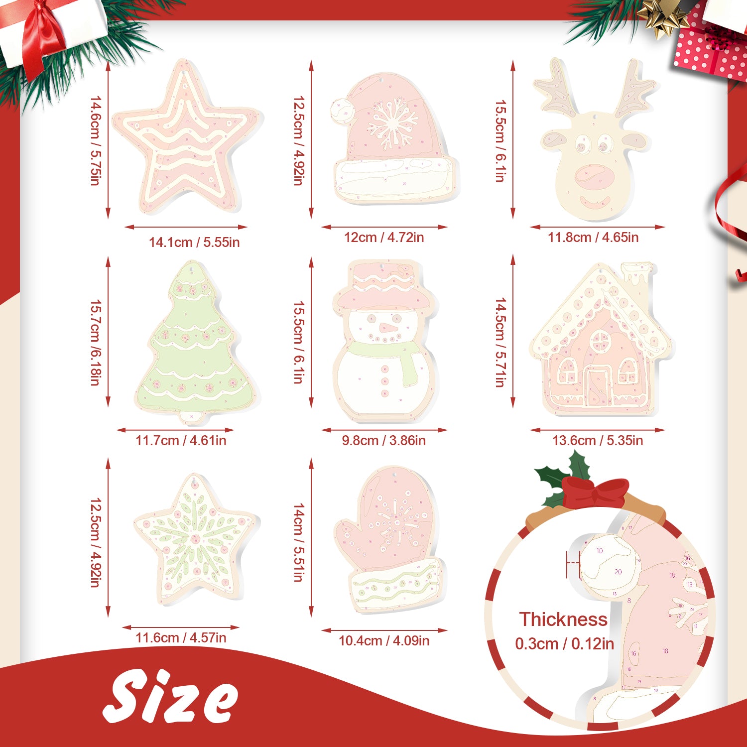 Tableau de mesure des emporte-pièces sur le thème de Noël avec dimensions sur fond blanc.