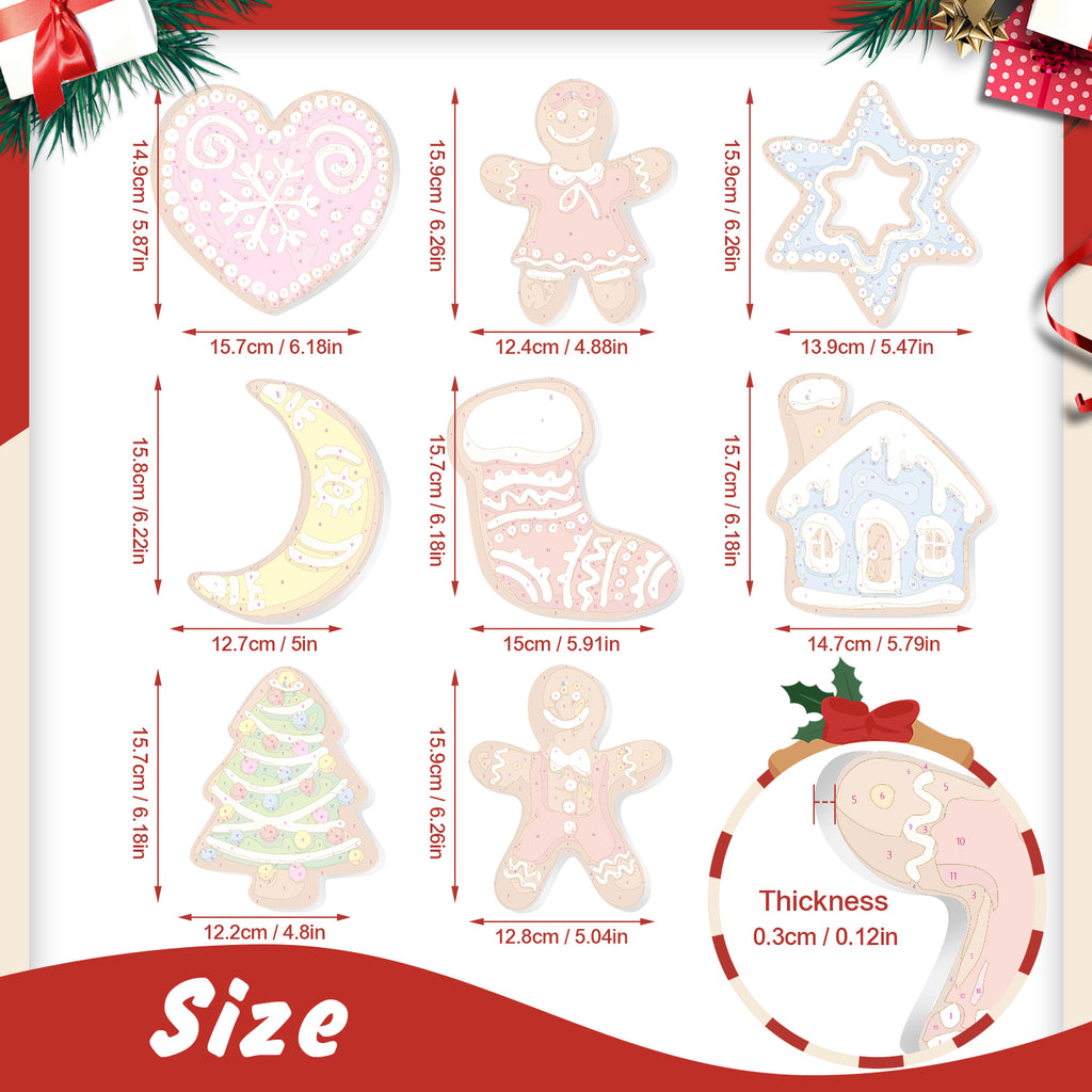 Measurement chart of Christmas-themed cookies with dimensions and thickness on a white background.