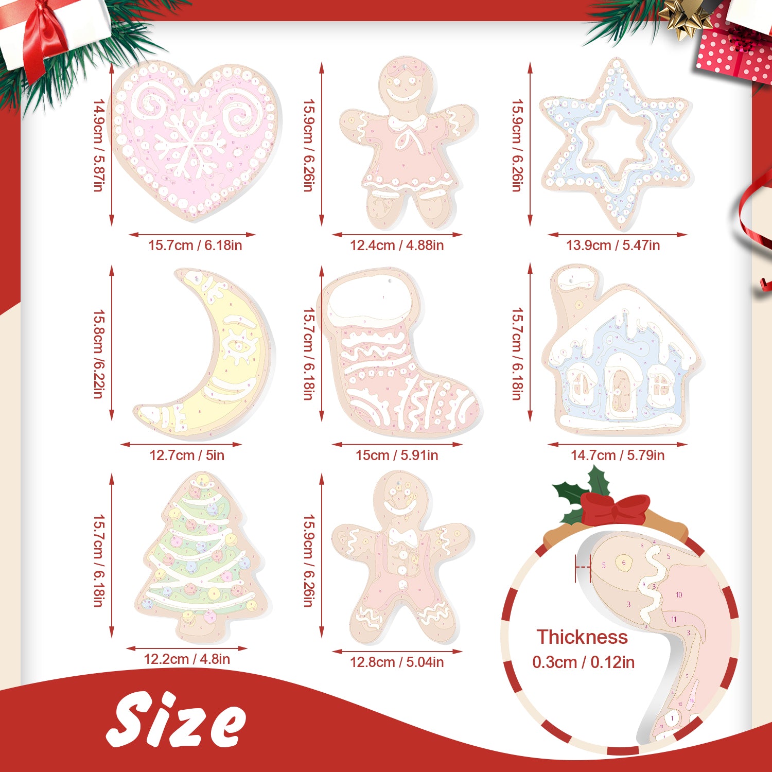 Measurement chart of Christmas-themed cookies with dimensions and thickness on a white background.