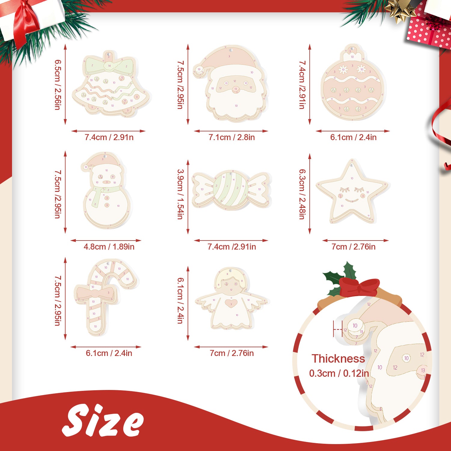 Measurement chart of Christmas-themed cookie cutters with dimensions and thickness.