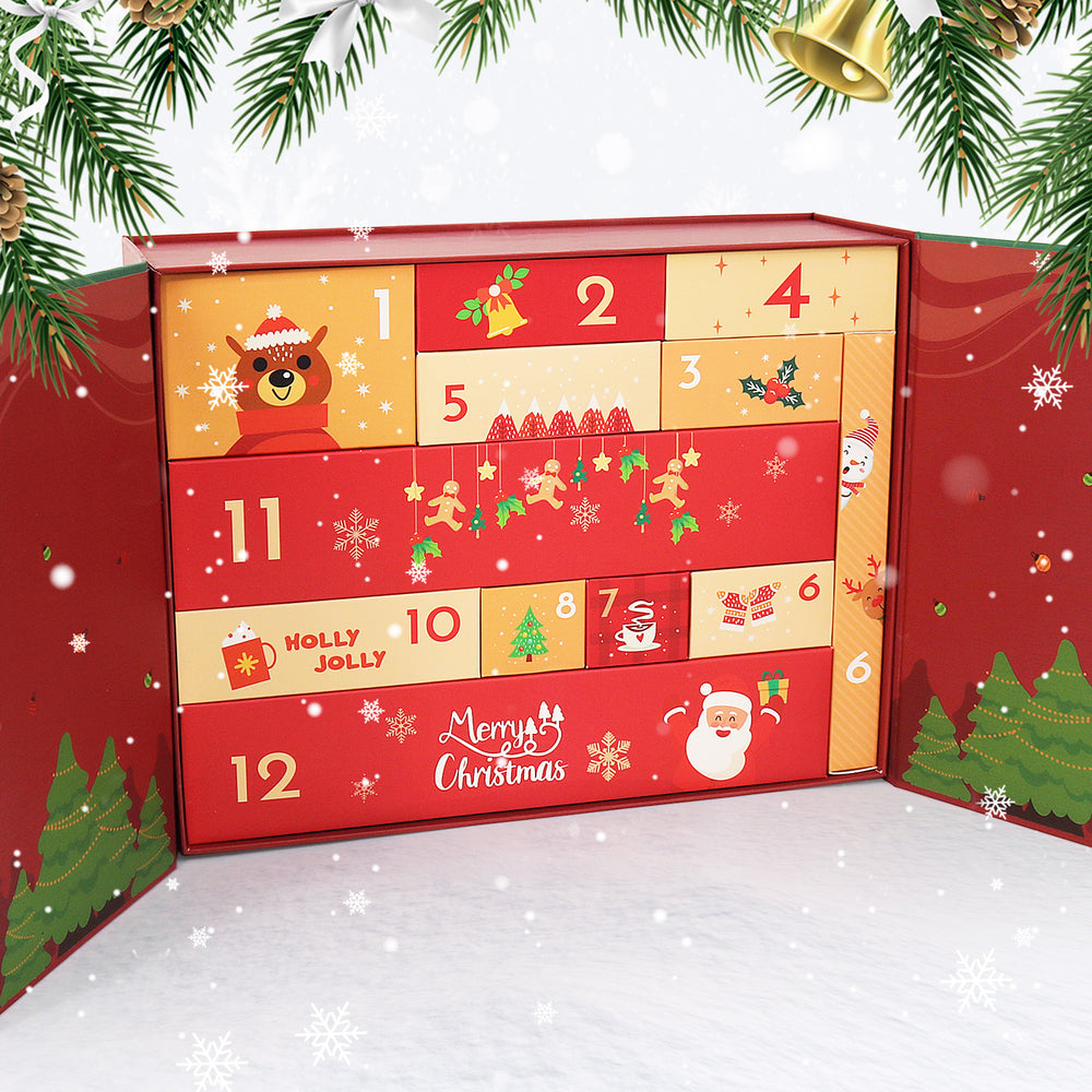 Red advent calendar with festive designs and numbers on a snowy background