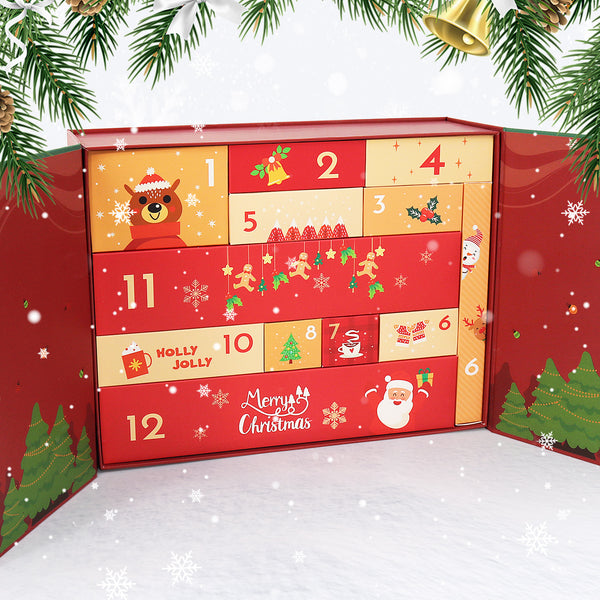 Red advent calendar with festive designs and numbers on a snowy background