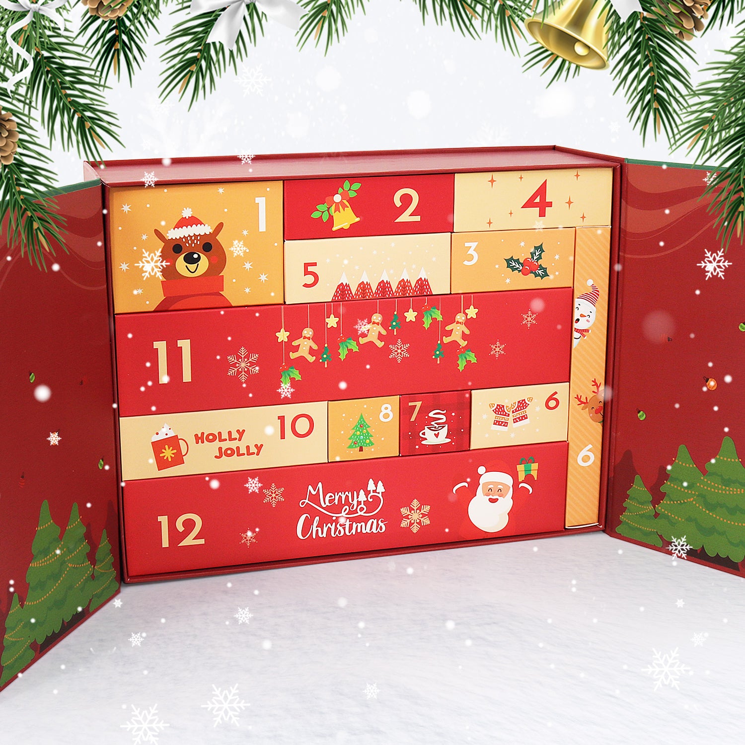 Red advent calendar with festive designs and numbers on a snowy background