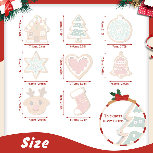Measurement chart of Christmas-themed cutouts with dimensions on a white background.