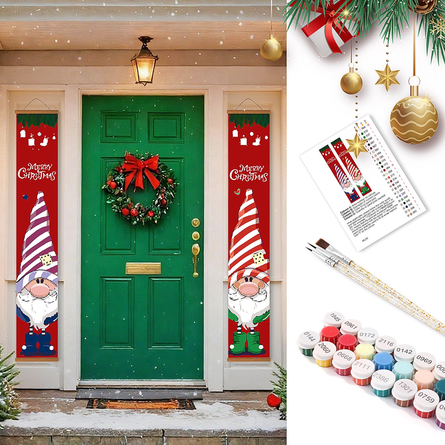 Christmas door decorations with gnomes and wreath, paint set, and paintbrushes.
