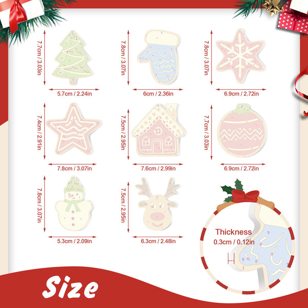 Measurement chart of Christmas-themed cookies with dimensions and thickness details.