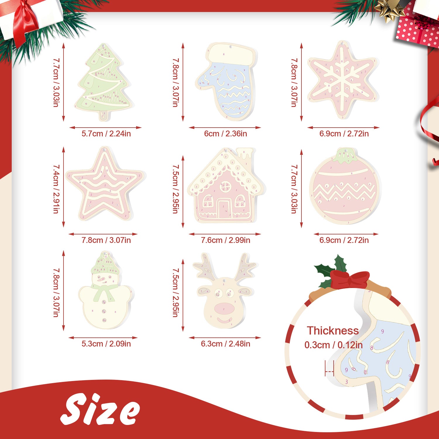 Measurement chart of Christmas-themed cookies with dimensions and thickness details.