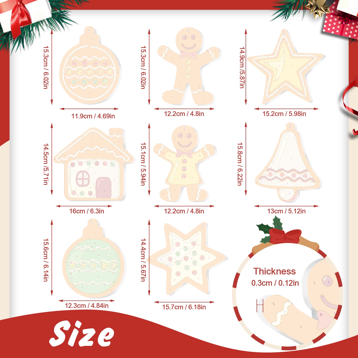 Maßtabelle für weihnachtliche Ausstechformen mit Abmessungen und Dicke.