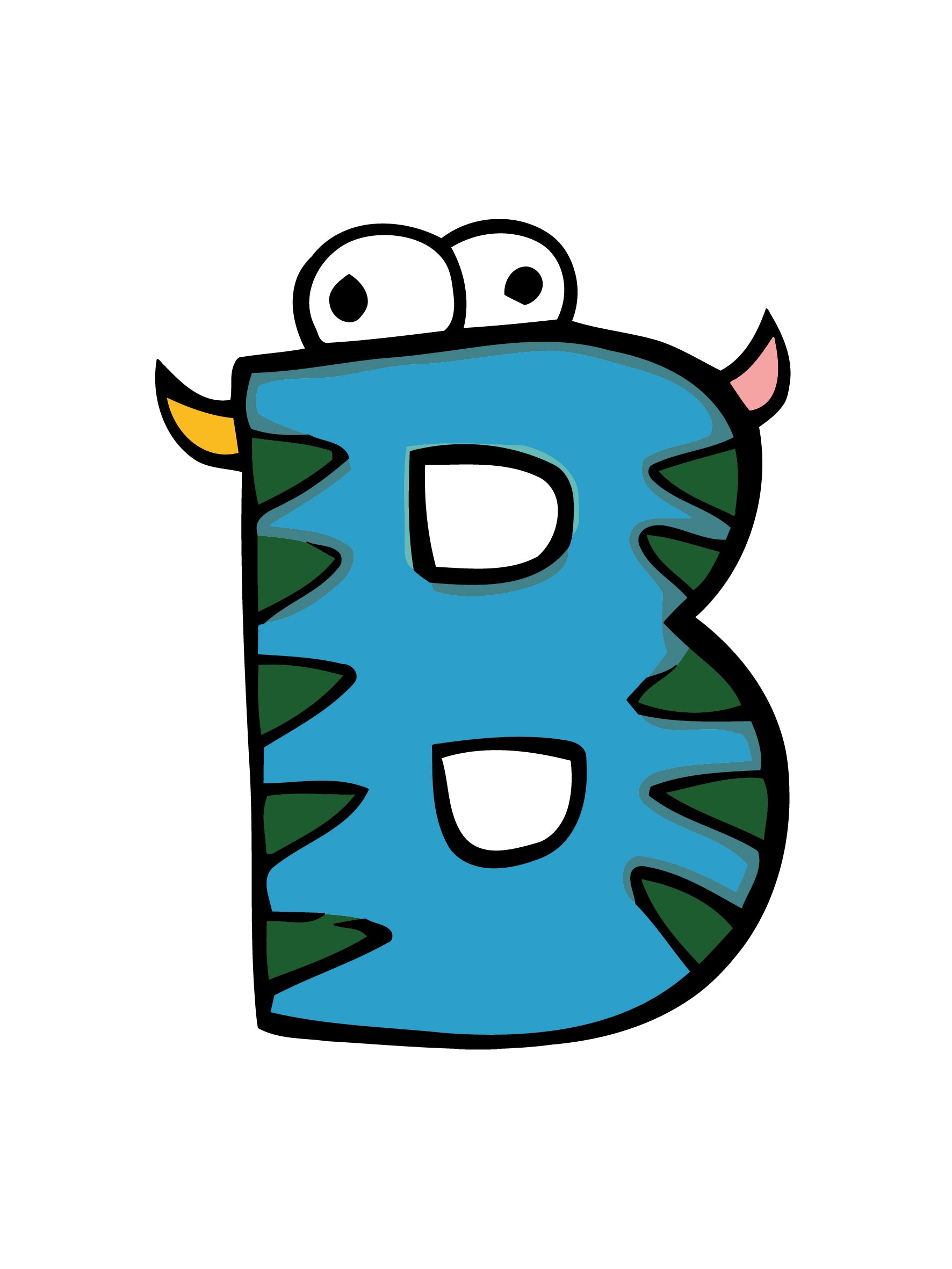 Cartoon letter 'B' with a blue body, green spikes, and white eyes on a white background