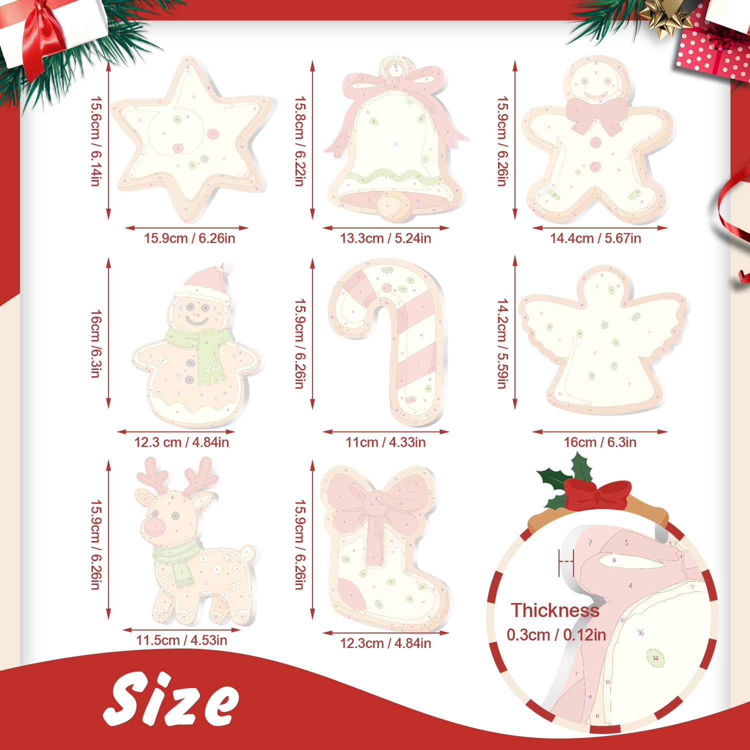 Christmas-themed cookie cutters with measurements on a white background