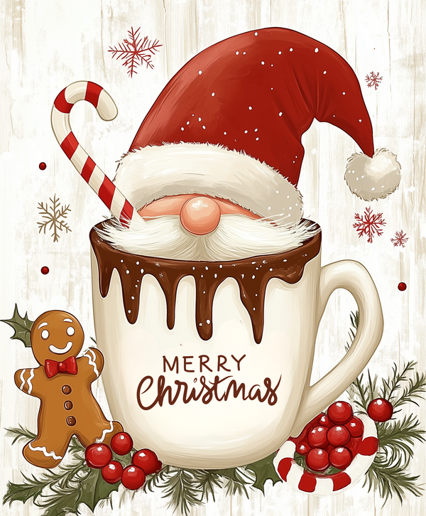 A paint by numbers kit depicting a whimsical Santa mug with cocoa, a candy cane, and a gingerbread man with festive Christmas decorations around it.