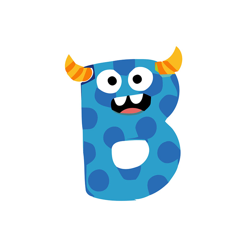 Blue letter 'B' with monster face on a white background