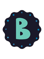 Logo with a teal 'B' inside a black circle with blue dots on a white background