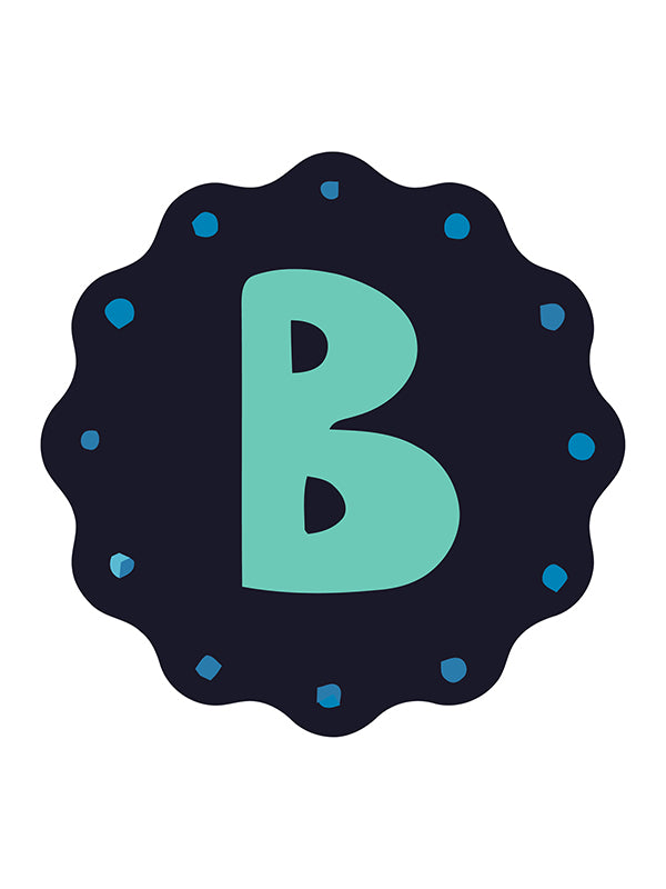Logo with a teal 'B' inside a black circle with blue dots on a white background