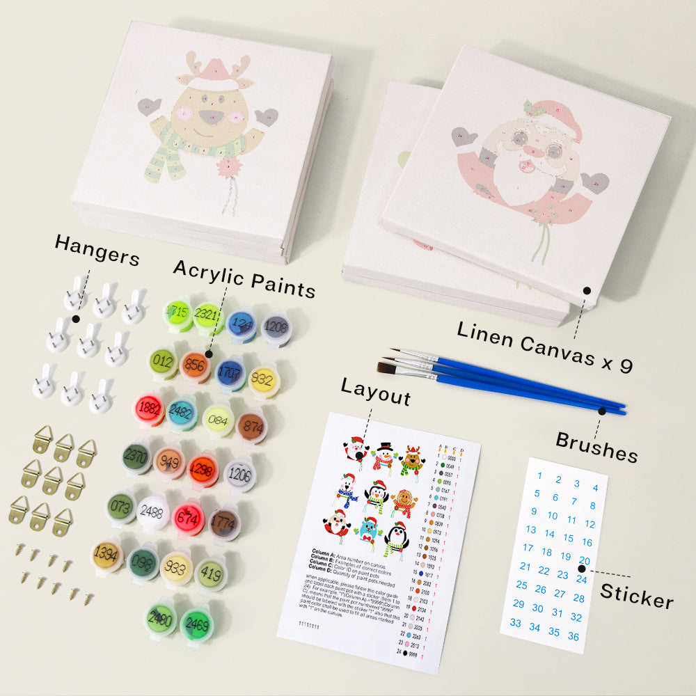 Mini paint by numbers kit with Christmas tree and gifts design