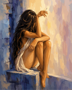 A seated woman with bent knees and white draped fabric holding a cigarette against a softly lit wall.