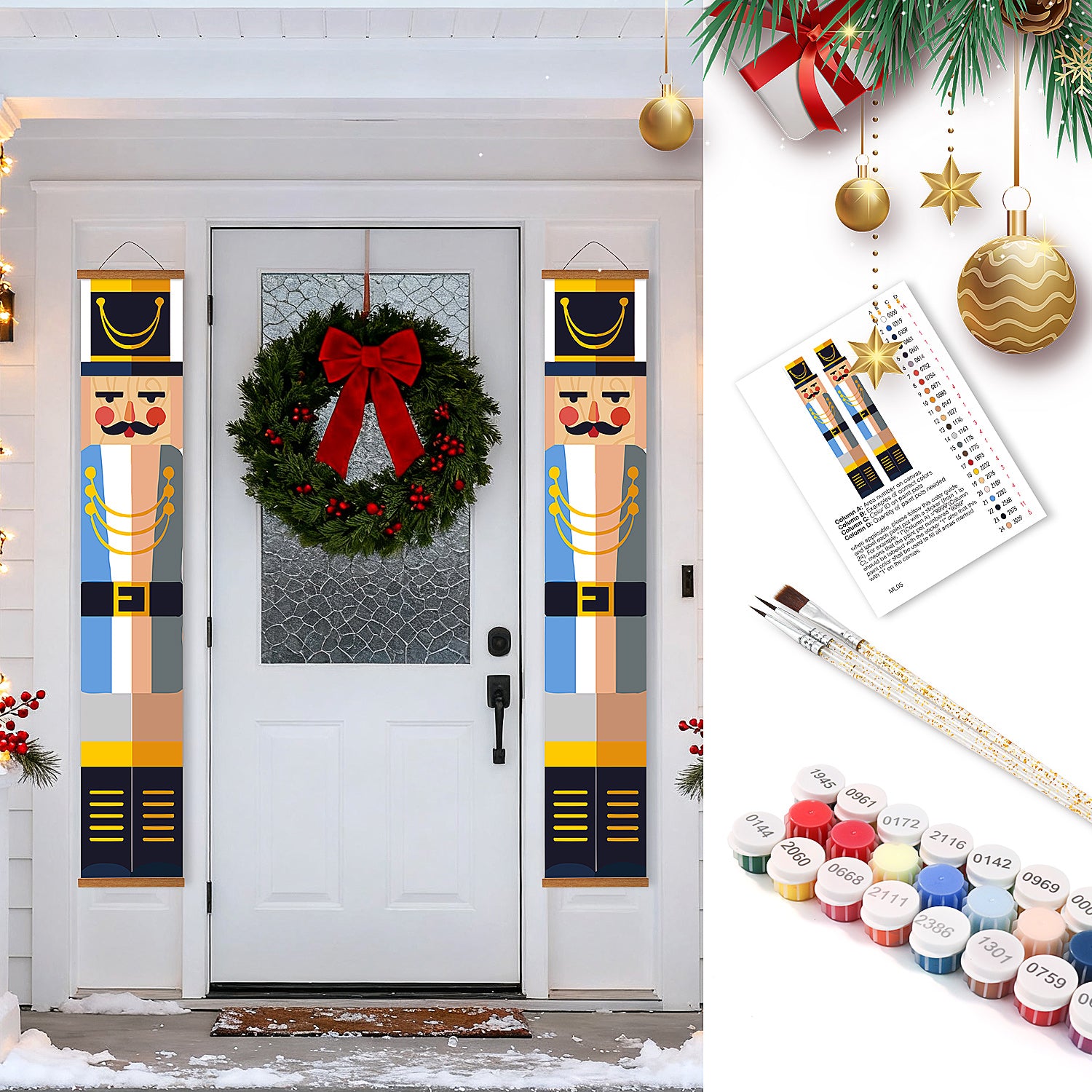 Decorative nutcracker panels with a wreath on a door, paint swatches, and paintbrushes.