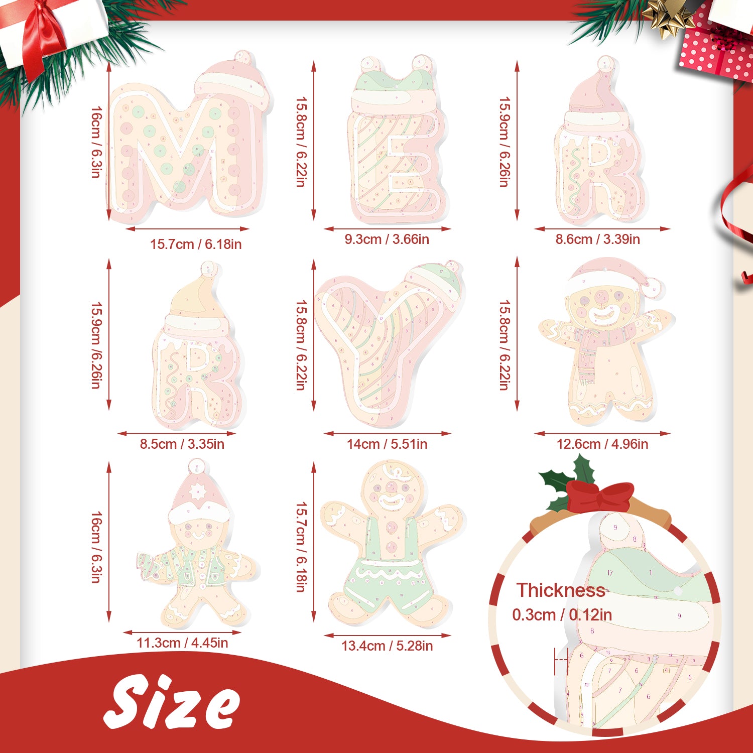 Illustrations of Christmas-themed cookies with measurements on a white background