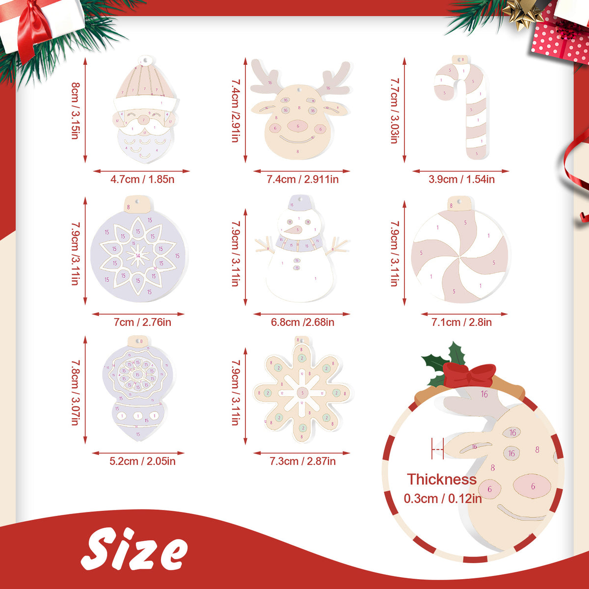 Measurement chart of Christmas-themed cookie cutters with dimensions and thickness.