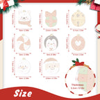 Measurement chart of Christmas-themed stickers with dimensions and thickness details.