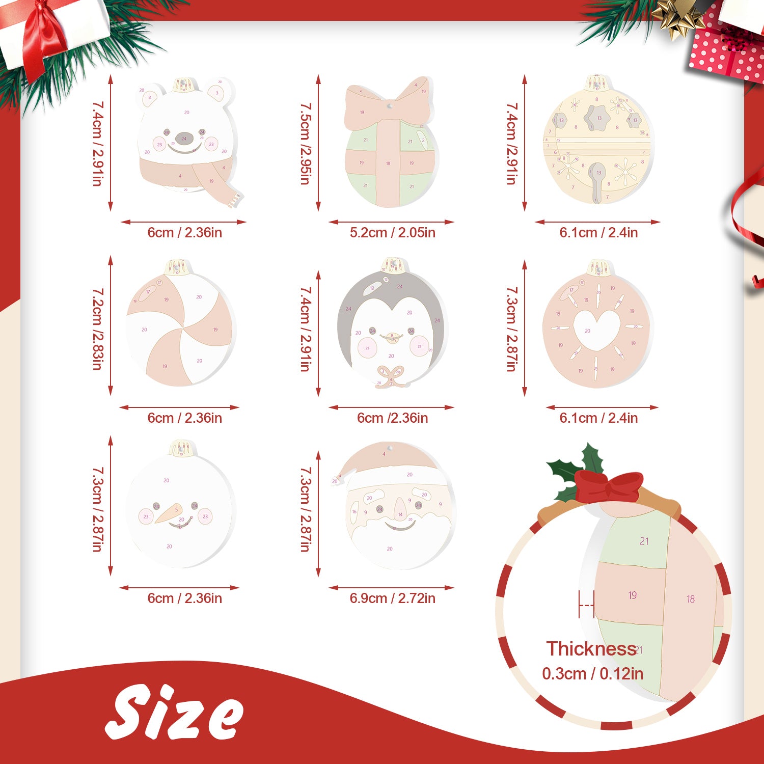 Measurement chart of Christmas-themed stickers with dimensions and thickness details.