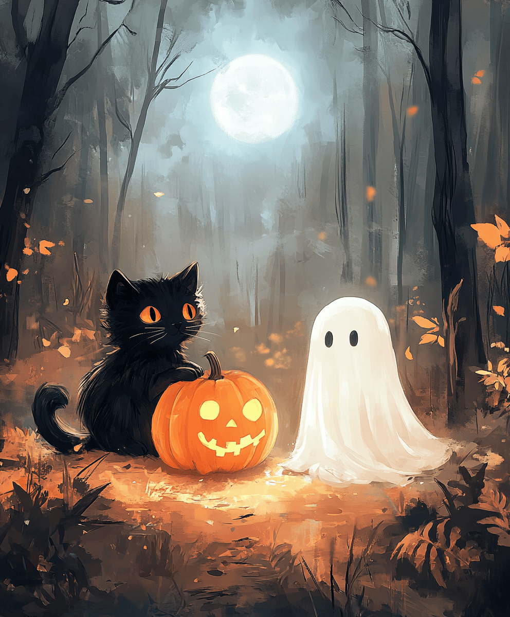 A paint by numbers kit depicting a black cat, a ghost, and a pumpkin with a full moon in the background, setting a Halloween theme.