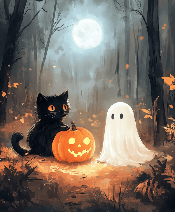 A paint by numbers kit depicting a black cat, a ghost, and a pumpkin with a full moon in the background, setting a Halloween theme.