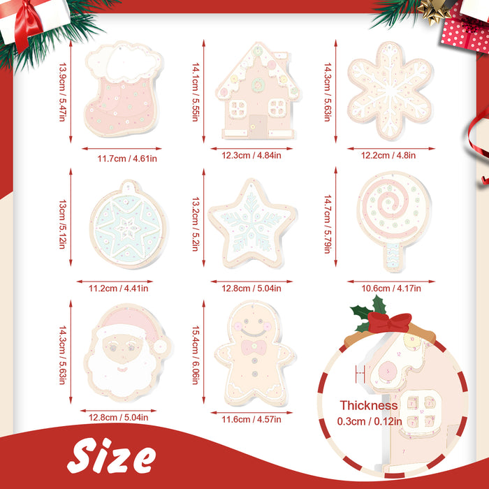 Measurement chart of Christmas-themed cookie cutters with dimensions and thickness.