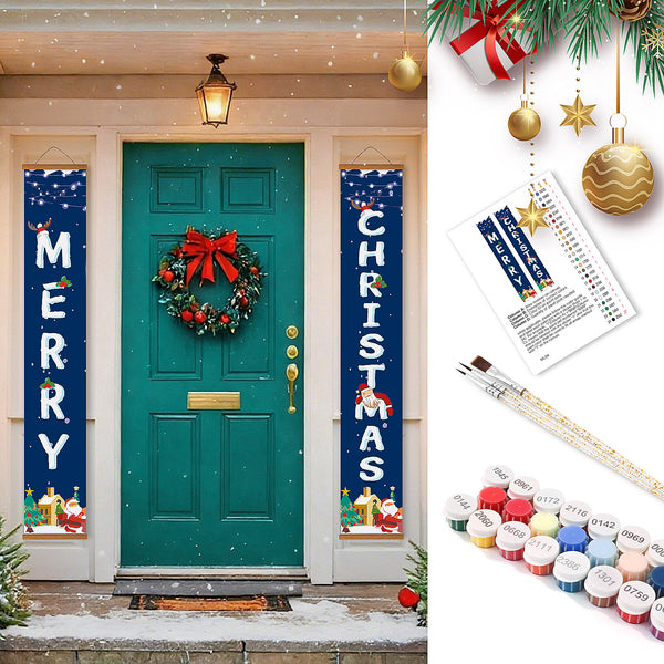 Christmas-themed door decorations with 'Merry Christmas' banners and a wreath, surrounded by festive items.
