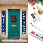 Christmas-themed door decorations with 'Merry Christmas' banners and a wreath, surrounded by festive items.