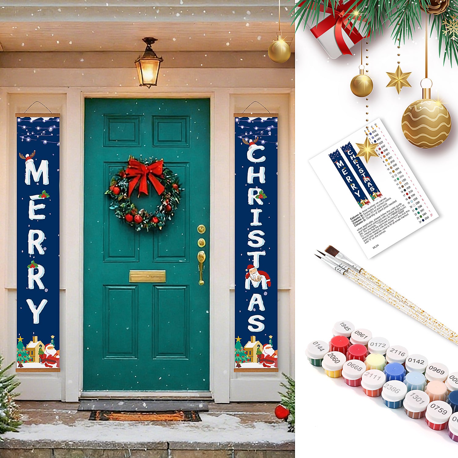 Christmas-themed door decorations with 'Merry Christmas' banners and a wreath, surrounded by festive items.