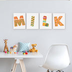 Four colorful wall art prints spelling 'MILK' above a child's desk with toys.