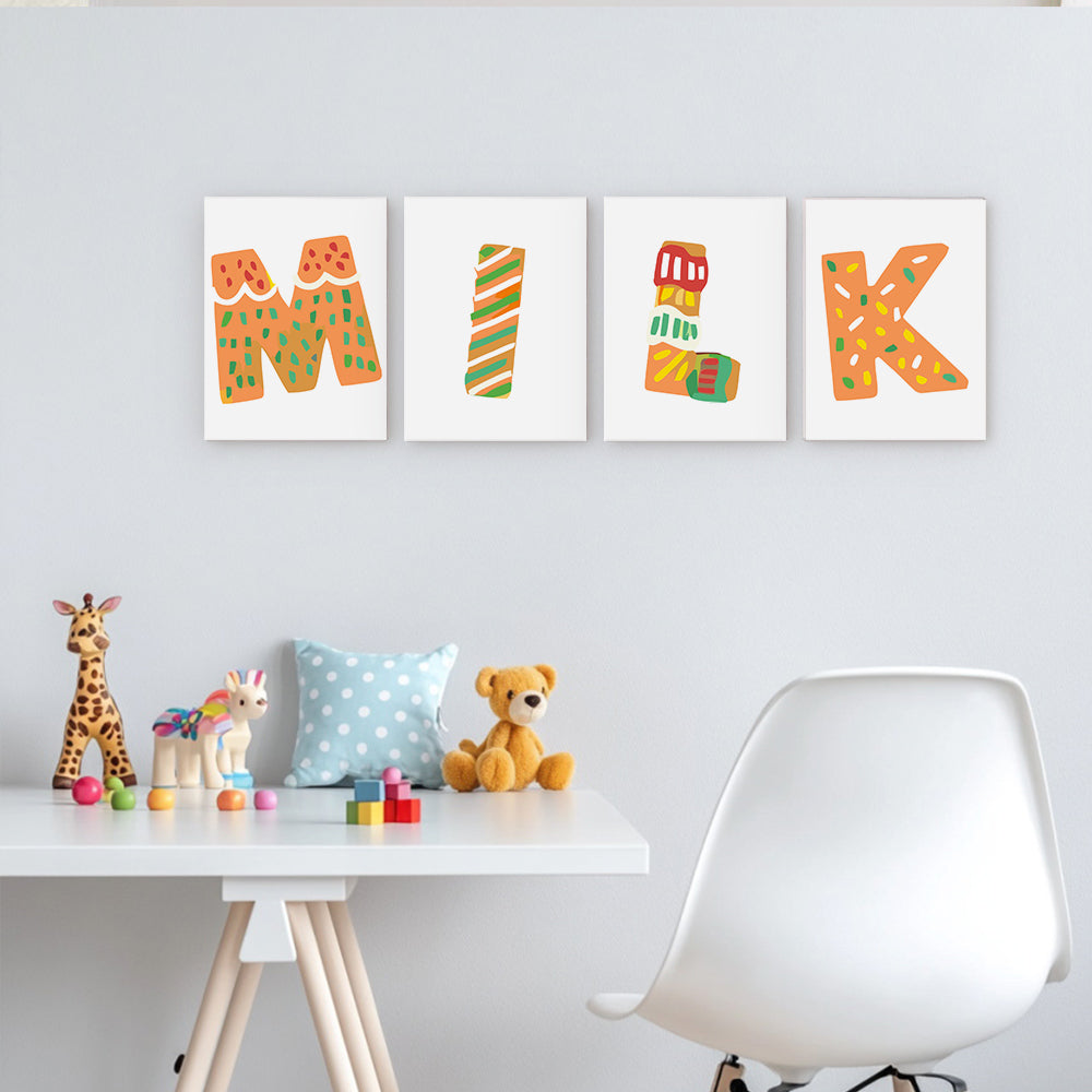 Four colorful wall art prints spelling 'MILK' above a child's desk with toys.