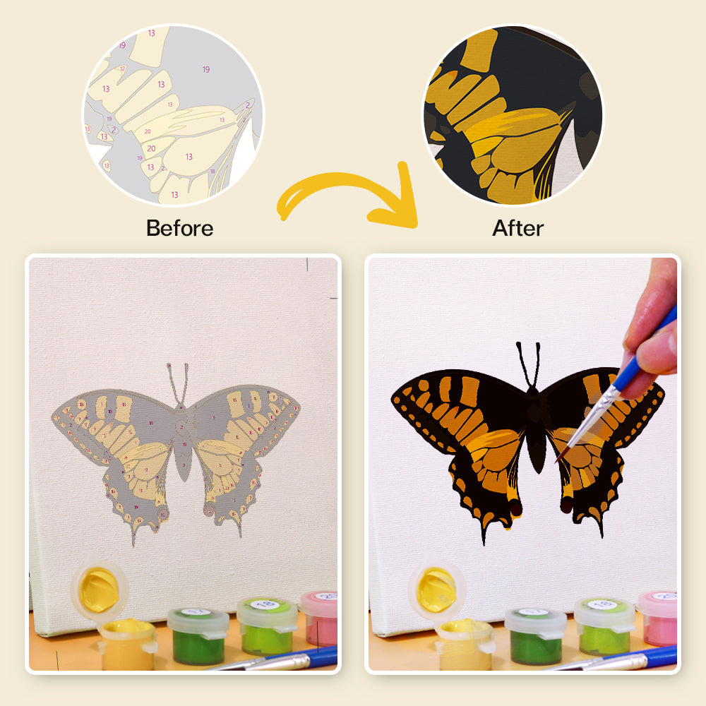 Close-up of butterfly design in a paint by numbers kit with vibrant colors