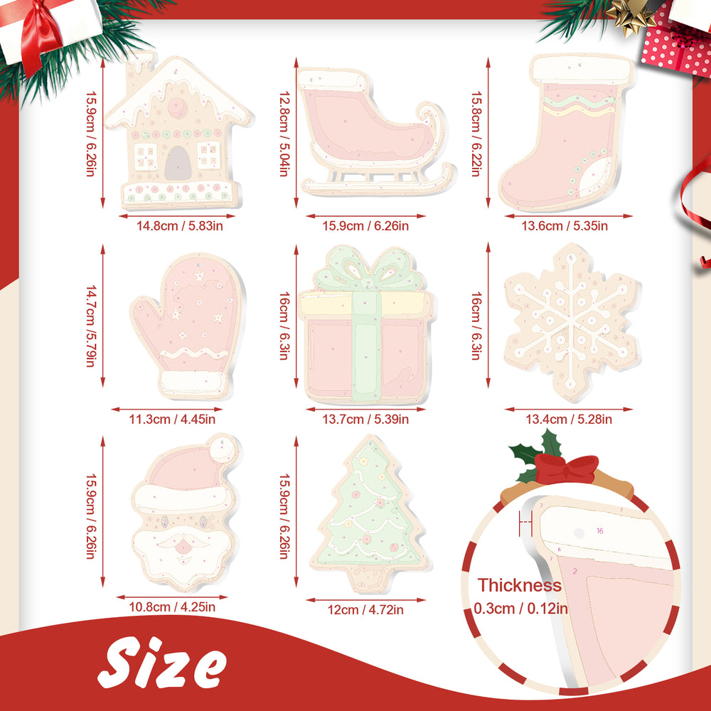 Measurement chart of Christmas-themed cookies with dimensions and thickness details.