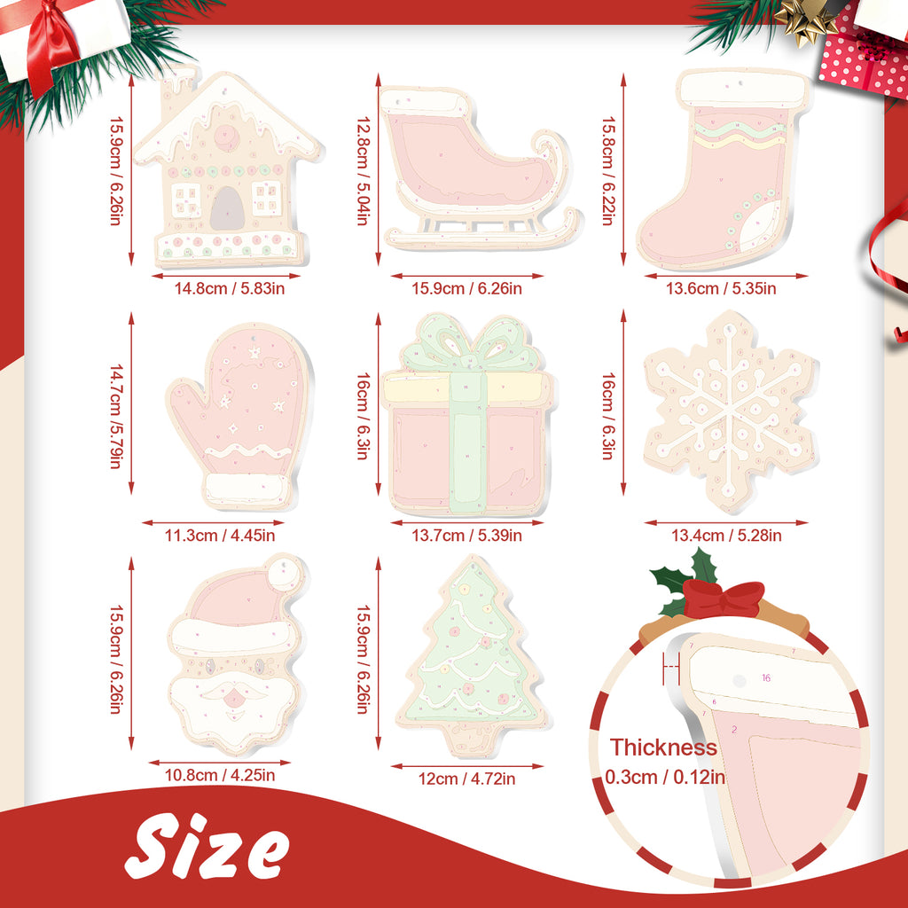 Measurement chart of Christmas-themed cookies with dimensions and thickness details.
