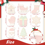 Measurement chart of Christmas-themed cookies with dimensions and thickness details.
