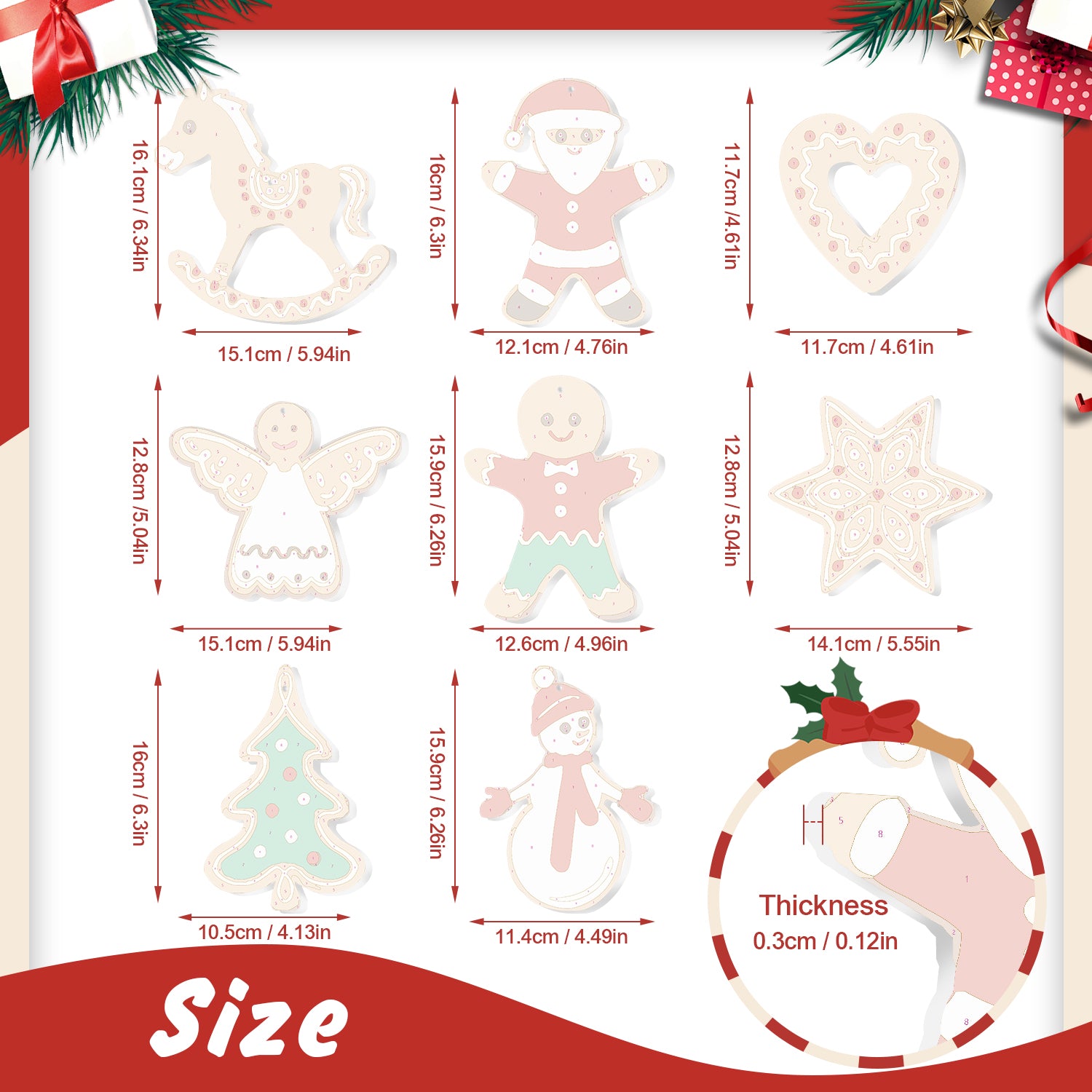 Tableau de mesure des découpes en bois sur le thème de Noël avec détails de dimensions et d'épaisseur.